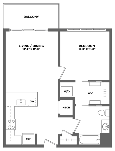 Floor Plan  spacious one bedroom luxury apartment with balcony, walk in closet, full size washer dryer