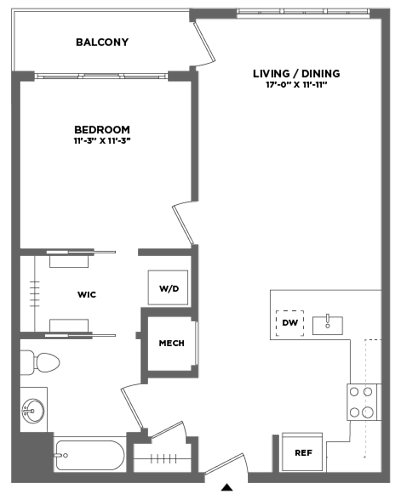 Floor Plan  spacious one bedroom luxury apartment with full size washer dryer, balcony, walk in closet