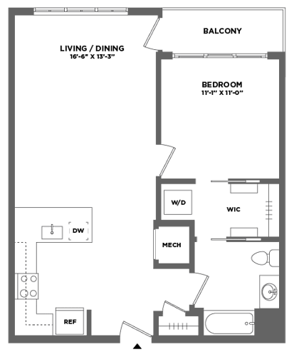 Floor Plan  spacious one bedroom luxury apartment with balcony, full size washer dryer, walk in closet, stainless steel appliances, stone countertops