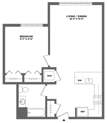 Floor Plan  spacious one bedroom luxury apartment with balcony, full size washer dryer, walk in closet, stainless steel appliances, stone countertops