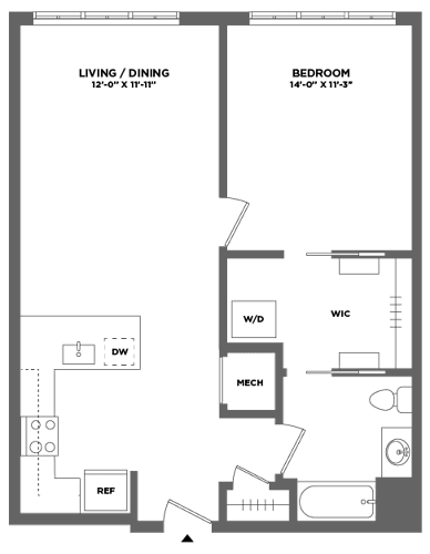 Floor Plan  spacious one bedroom luxury apartment with balcony, full size washer dryer, walk in closet, stainless steel appliances, stone countertops