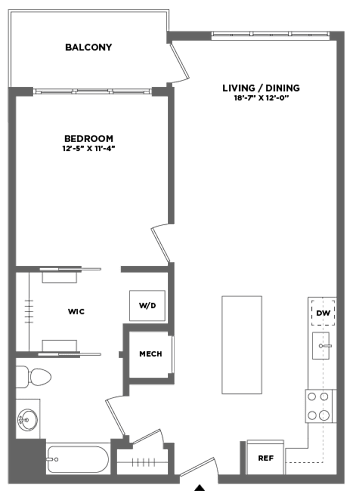 Floor Plan  spacious one bedroom luxury apartment with balcony, full size washer dryer, walk in closet, stainless steel appliances, stone countertops