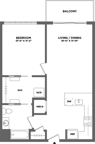 Floor Plan  A floor plan of an apartment with a balcony, bedroom, living/dining area, and a kitchen.