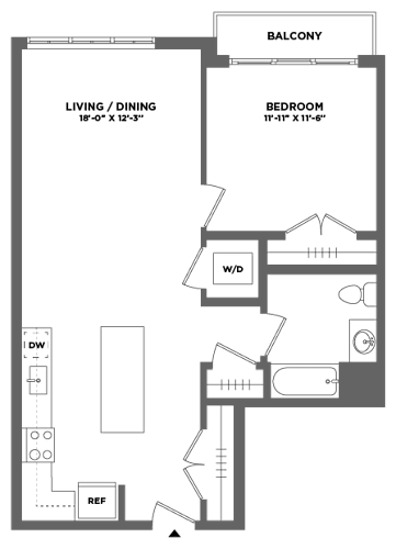 Floor Plan  spacious one bedroom luxury apartment with balcony, full size washer dryer, walk in closet, stainless steel appliances, stone countertops