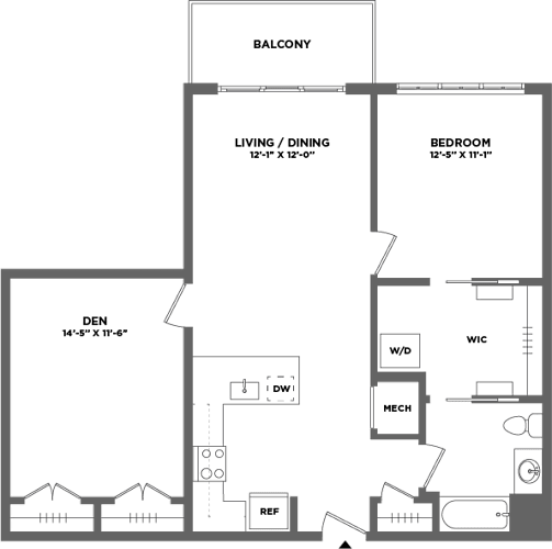 Floor Plan  A floor plan of a house with a balcony, living/dining area, bedroom, den, home office, workout space, and a garage.