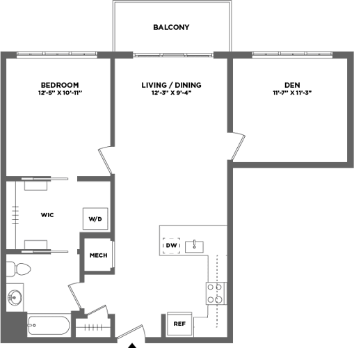 Floor Plan  A floor plan of a house with a balcony, bedroom, living/dining area, den, and bathrooms.