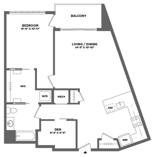 Floor Plan  One bedroom luxury apartment with den and private balcony, outdoor space, stainless steel appliances, walk in closet, full size washer dryer, gourmet kitchen