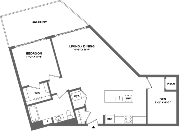 Floor Plan  A diagram of a house layout with labeled rooms such as Bedroom, Living/Dining, and Balcony.