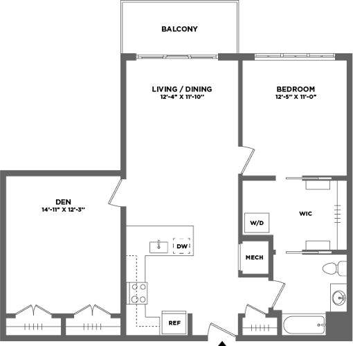 Floor Plan  A floor plan of a house with a balcony, living/dining area, bedroom, den, and bathroom.