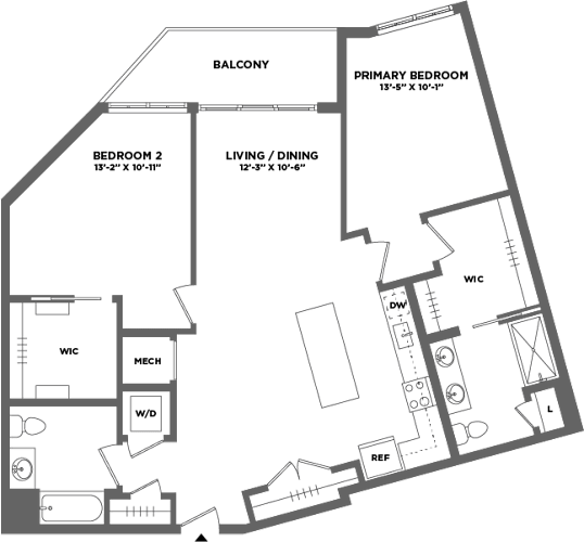 Floor Plan  A floor plan of a house with a balcony, two bedrooms, a living/dining area, a primary bedroom, a mech, a W/C, a W/D, a W/O, a REF