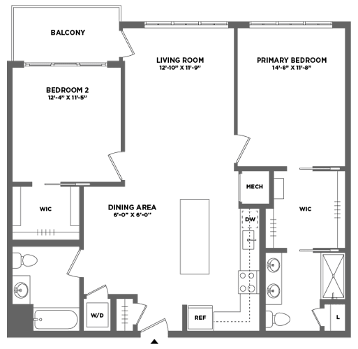 Floor Plan  A floor plan of a house with a balcony, two bedrooms, a living room, a dining area, and a kitchen.