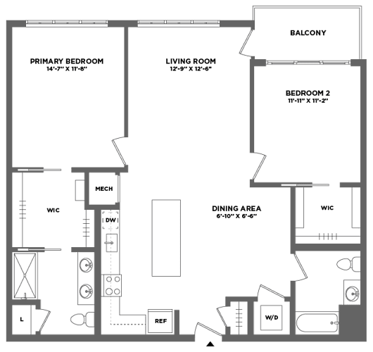 Floor Plan  A floor plan of a house with a primary bedroom, living room, dining area, and two bathrooms.