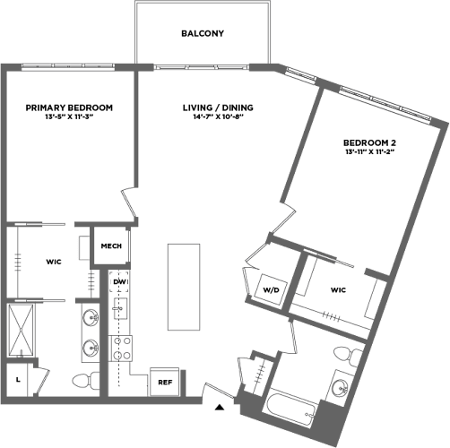 Floor Plan  A floor plan of a house with a primary bedroom, a living/dining area, and a second bedroom.