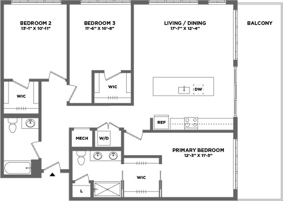 Floor Plan  A floor plan of a home with three bedrooms, a living/dining area, and a balcony.