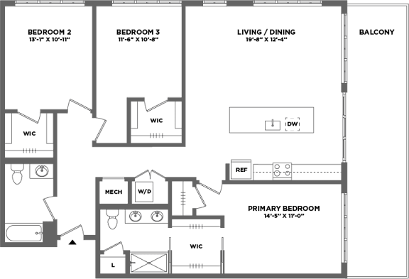 Floor Plan  A floor plan of a house with three bedrooms, a living/dining area, and a balcony.