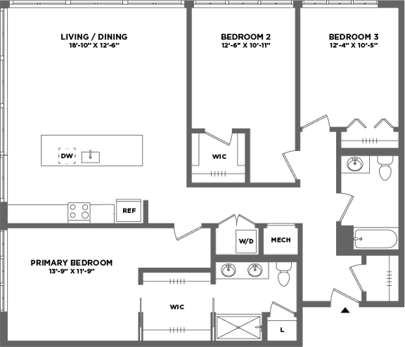 Floor Plan  A floor plan of a home with a living/dining area, three bedrooms, and a primary bedroom.