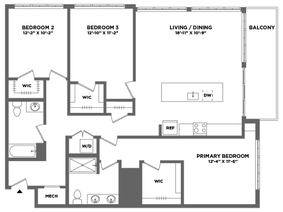 Floor Plan  A floor plan of a house with three bedrooms, a living/dining area, and a balcony.