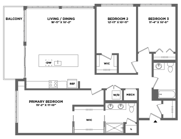 Floor Plan  A floor plan of a house with a living room, dining room, and three bedrooms.