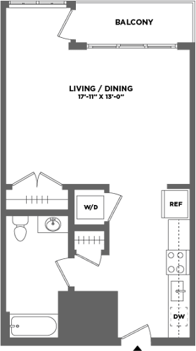Floor Plan  A floor plan of a balcony with living and dining areas.