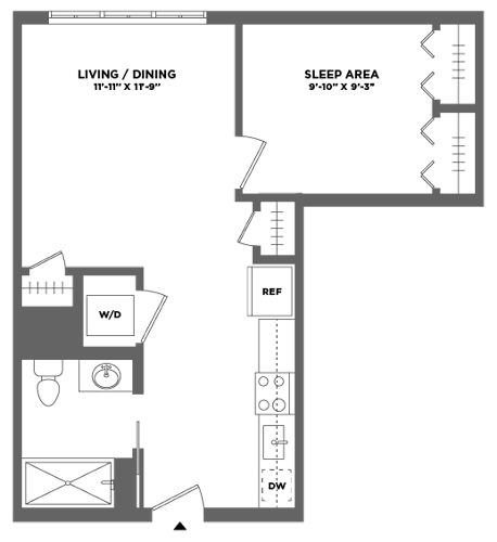 Floor Plan  A floor plan of a small apartment with a living/dining area, a sleeping area, and a workspace.