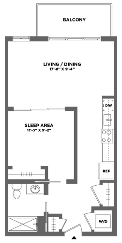Floor Plan  A floor plan of a small apartment with a sleeping area, living/dining area, and a balcony.