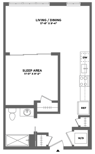 Floor Plan  A floor plan of a small apartment with a living/dining area and a sleep area.