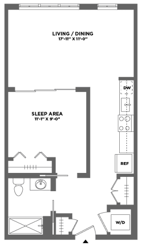 Floor Plan  A floor plan of a small apartment with a sleeping area and a living/dining area.