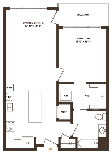 Floor Plan  A floor plan of a house with a living room, dining room, bedroom, and balcony.
