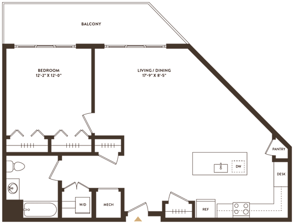 Floor Plan  A floor plan of a house with a balcony, bedroom, living/dining area, pantry, and a kitchen with a dishwasher and refrigerator.