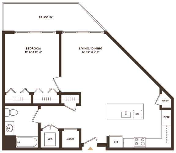 Floor Plan  A floor plan of a house with a balcony, bedroom, living/dining area, and kitchen.
