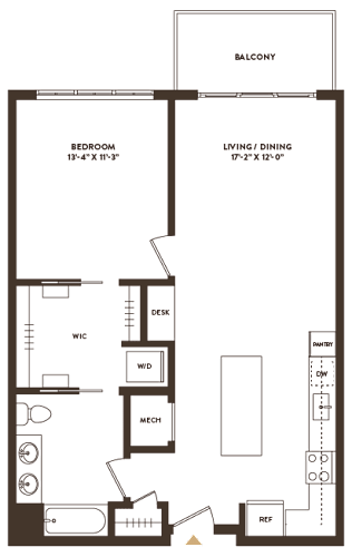 Floor Plan  A floor plan of a house with a balcony, bedroom, living/dining area, and kitchen.