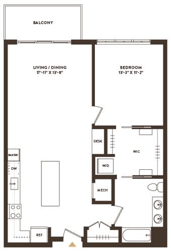 Floor Plan  A floor plan of a house with a balcony, living/dining area, bedroom, and kitchen.
