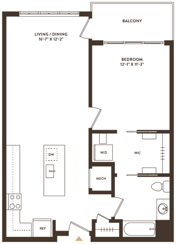 Floor Plan  A floor plan of a house with a balcony, living/dining area, and bedroom.