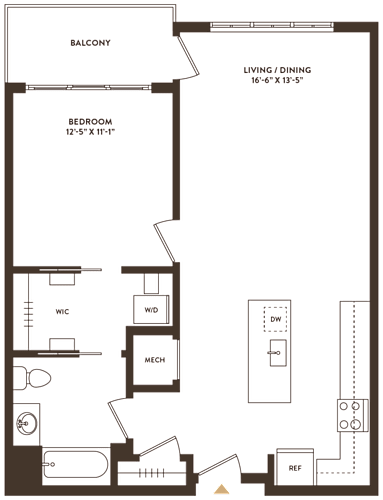 Floor Plan  A floor plan of a home with a balcony, living/dining area, and a bedroom.