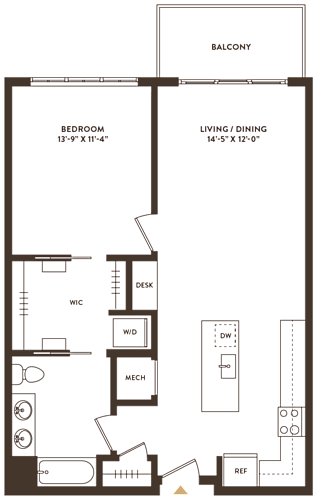 Floor Plan  A floor plan of a house with a balcony, bedroom, living/dining area, and a kitchen.