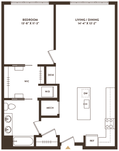 Floor Plan  A floor plan of a room with a bedroom, living/dining area, and a workspace.