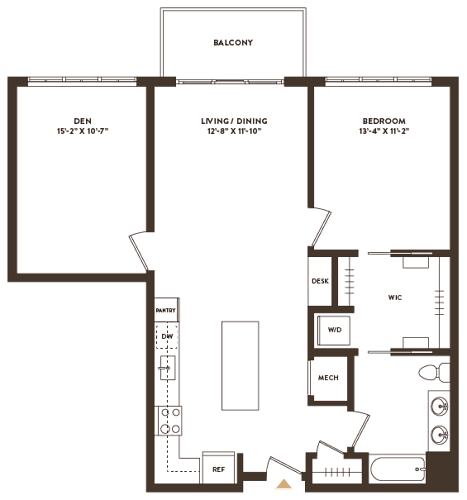 Floor Plan  A floor plan of a balcony, den, living/dining area, and bedroom with their respective dimensions.