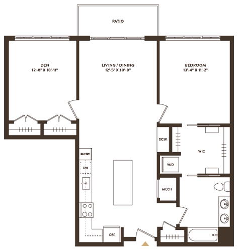 Floor Plan  A floor plan of a house with a den, living/dining area, and a bedroom.