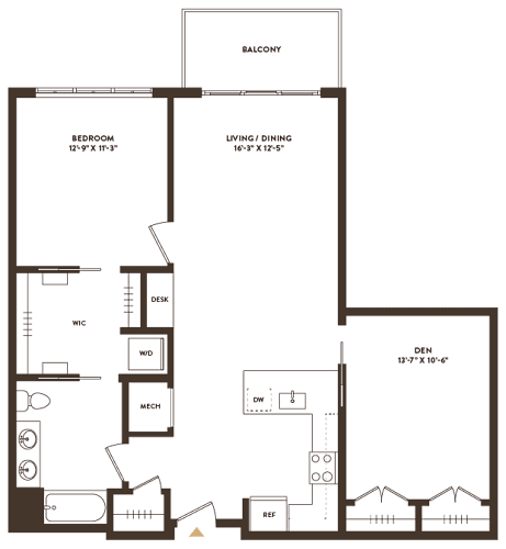 Floor Plan  A floor plan of a house with a balcony, living/dining area, and a den.