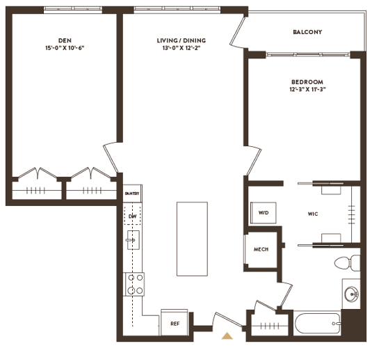 Floor Plan  A floor plan of a house with a den, living/dining area, balcony, and bedroom.