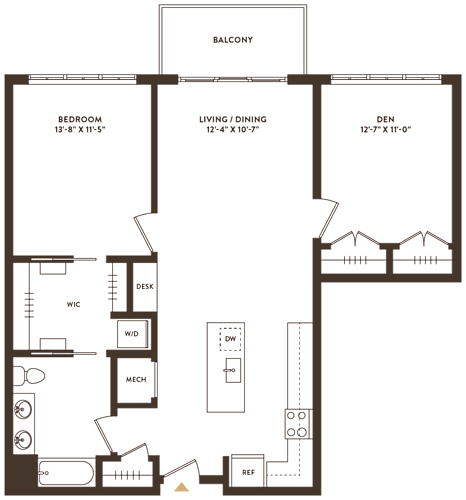 Floor Plan  A floor plan of a house with a balcony, bedroom, living/dining area, den, and bathroom.