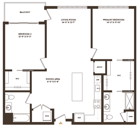 Floor Plan  A floor plan of a house with a balcony, two bedrooms, a living room, a dining area, and a kitchen.
