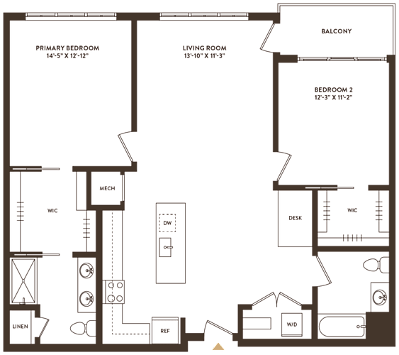 Floor Plan  A floor plan of a house with a primary bedroom, living room, balcony, and two other bedrooms.