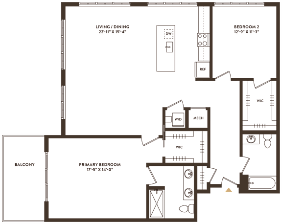 Floor Plan  A floor plan of a home showing a living room, dining room, and two bedrooms.