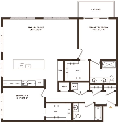 Floor Plan  A floor plan of a house with a living room, dining room, two bedrooms, a balcony, and a primary bedroom.