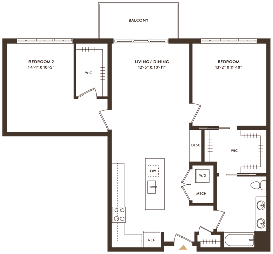 Floor Plan  A floor plan of a balcony, living/dining area, and two bedrooms with their respective dimensions.