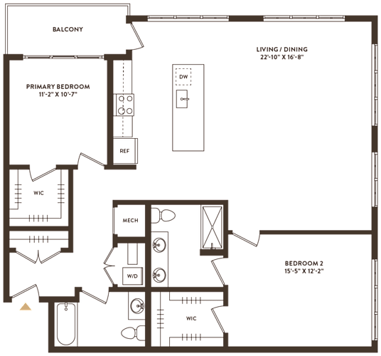 Floor Plan  A floor plan of a house with a balcony, two bedrooms, a living/dining area, and a kitchen.
