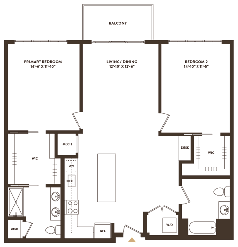 Floor Plan  A floor plan of a house with a balcony, two bedrooms, a living/dining area, and a kitchen.