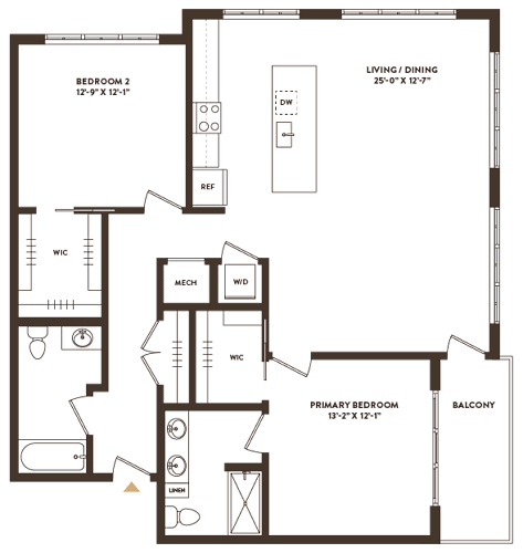 Floor Plan  A floor plan of a house with a living room, two bedrooms, a balcony, and a bathroom.