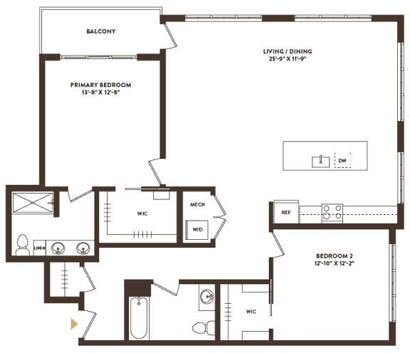 Floor Plan  A floor plan of a home with a living/dining area, two bedrooms, and a balcony.